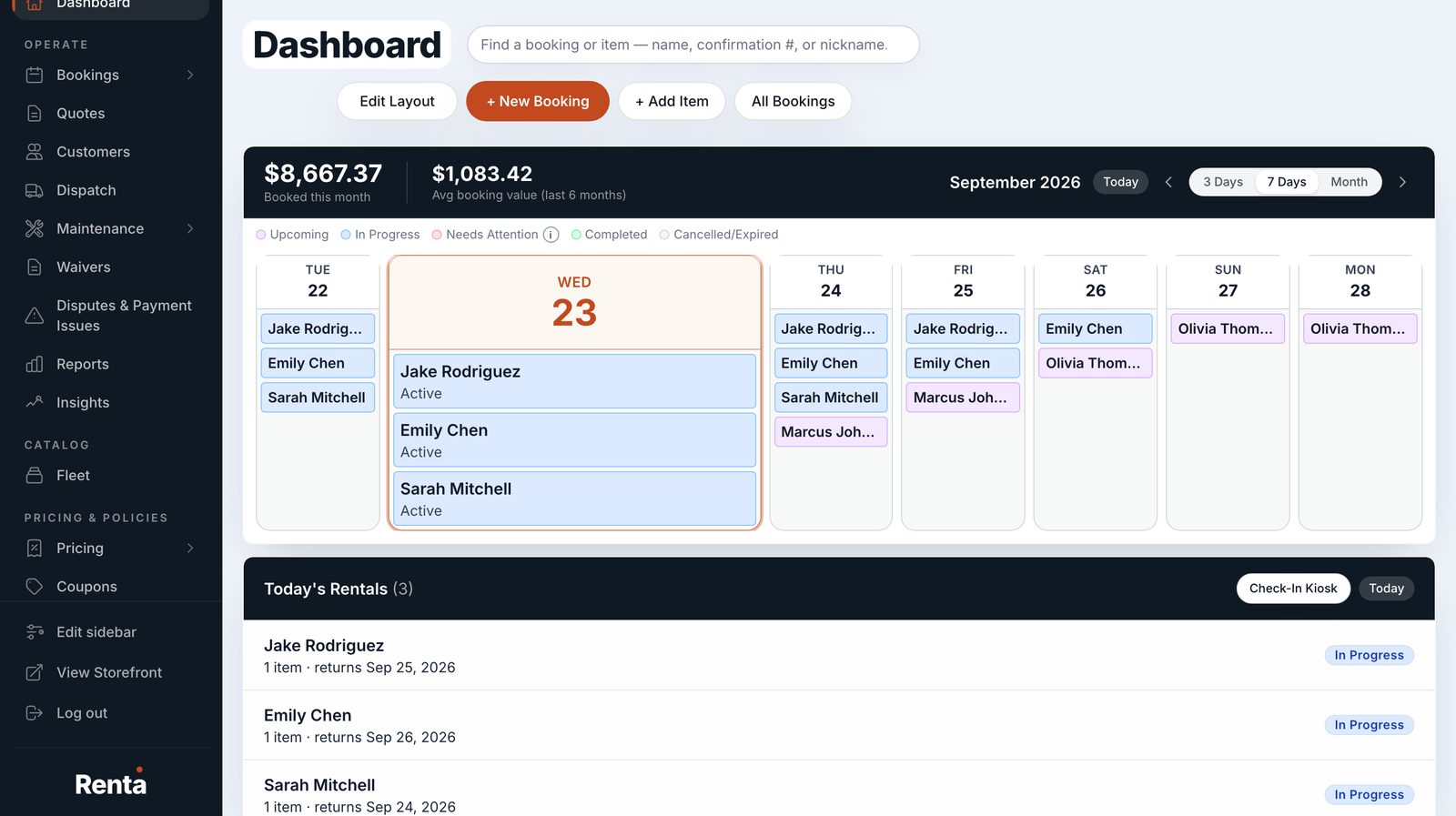 Renta booking dashboard with a live rental calendar