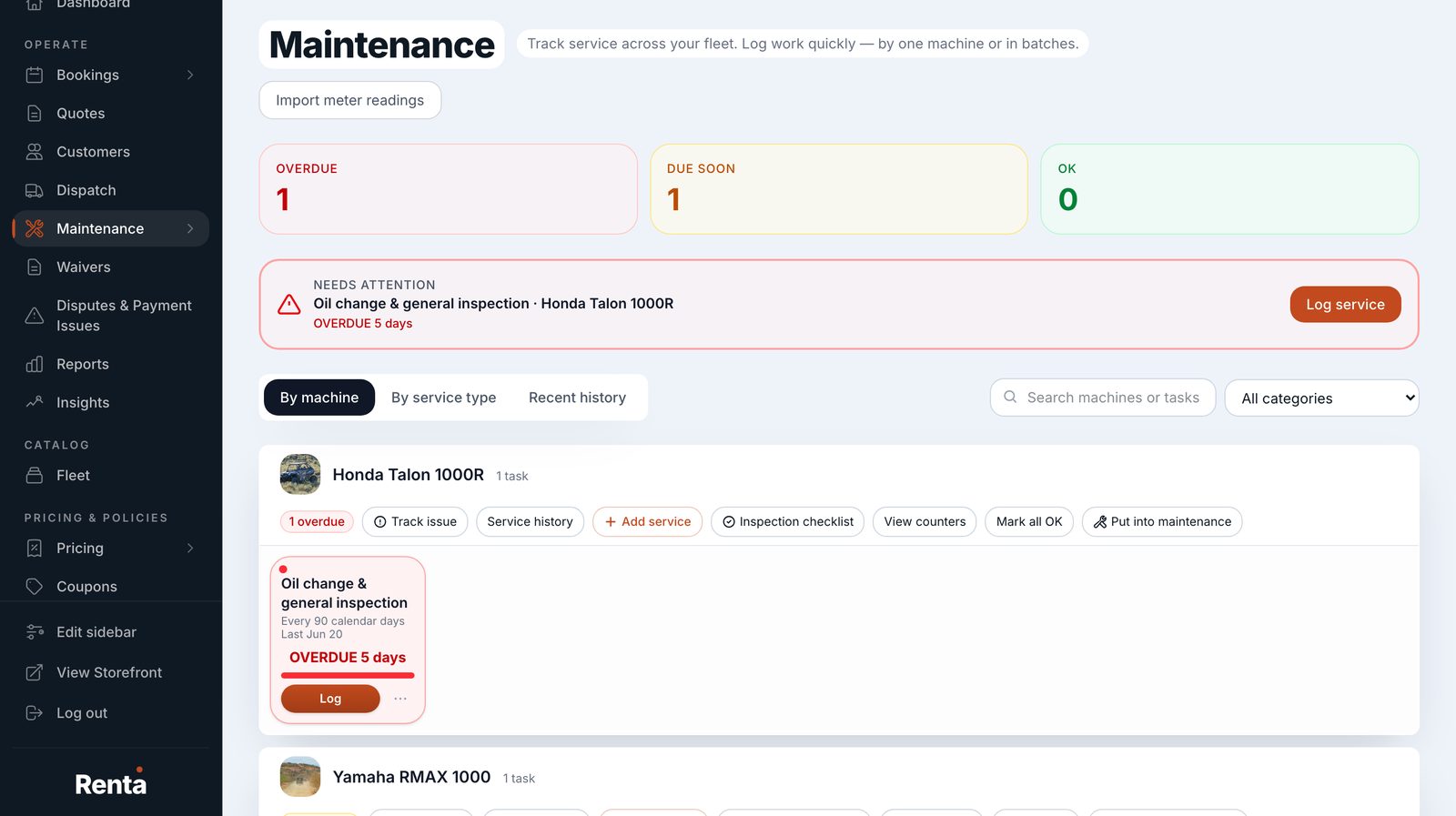 Renta maintenance tracker showing an overdue oil change
