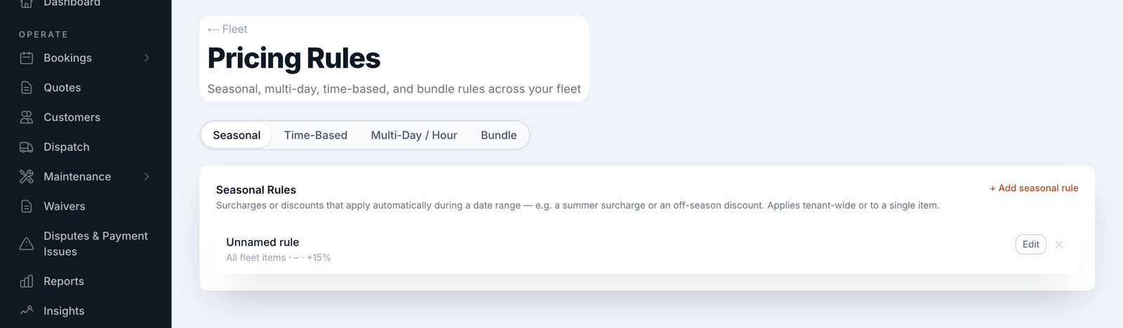 Renta pricing rules screen