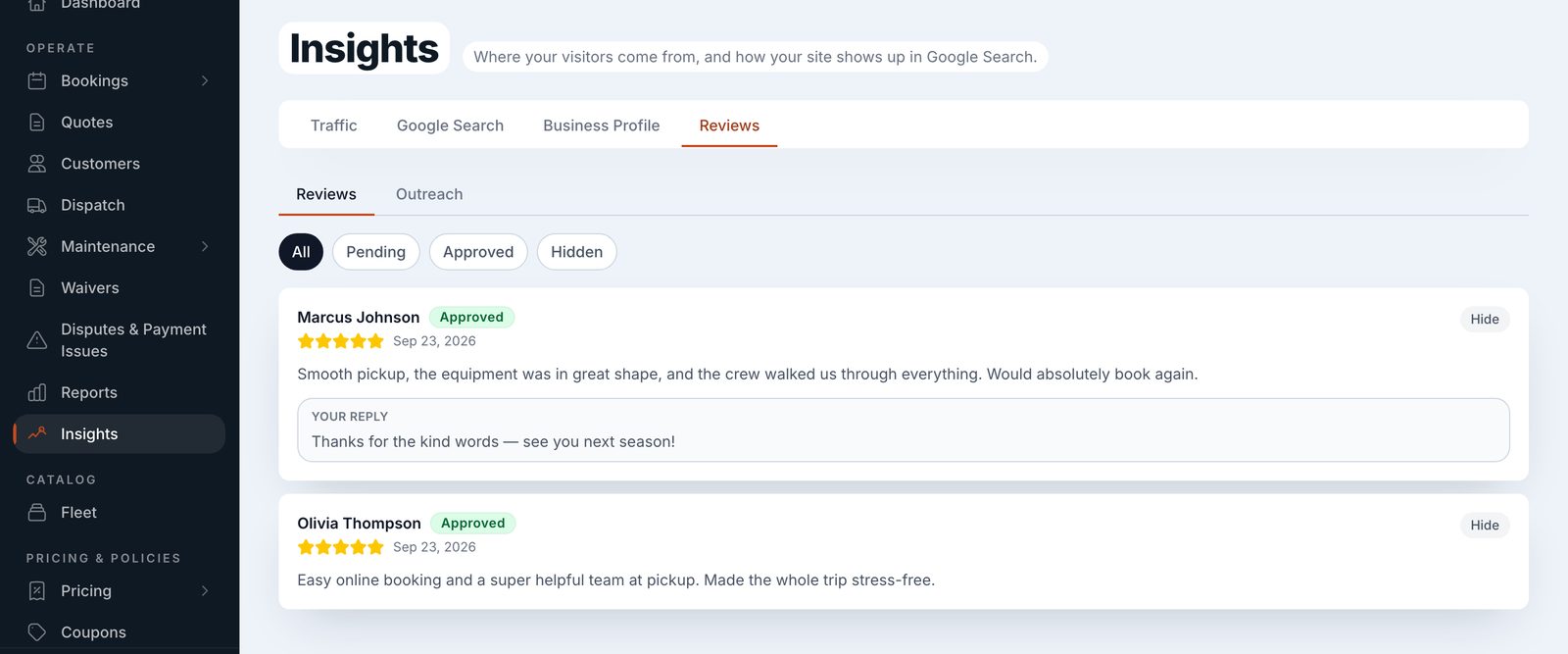 Renta review management screen