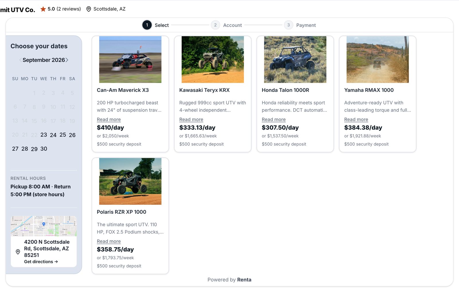 Renta online booking page with fleet and calendar
